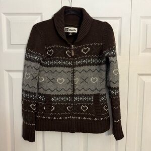 Roots 100% Lambswool Cozy Knit Brown & Grey Heart Full Zip Sweater Medium